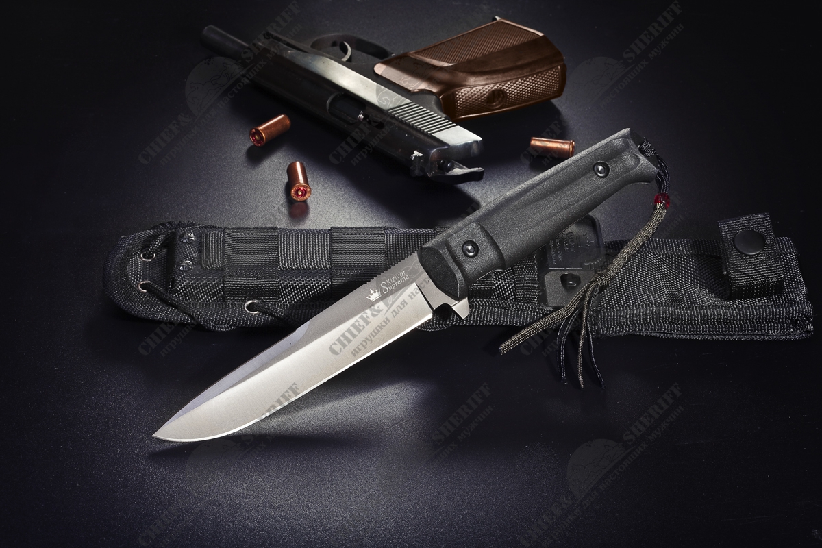 Нож Kizlyar Alpha, D2 GT v2, серый титан, черные ножны/camo ножны