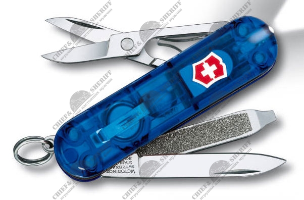 Швейцарский нож-брелок Victorinox Swisslite Sapphire (полупрозрачный синий) 58мм,7 функций,0.6228.T2