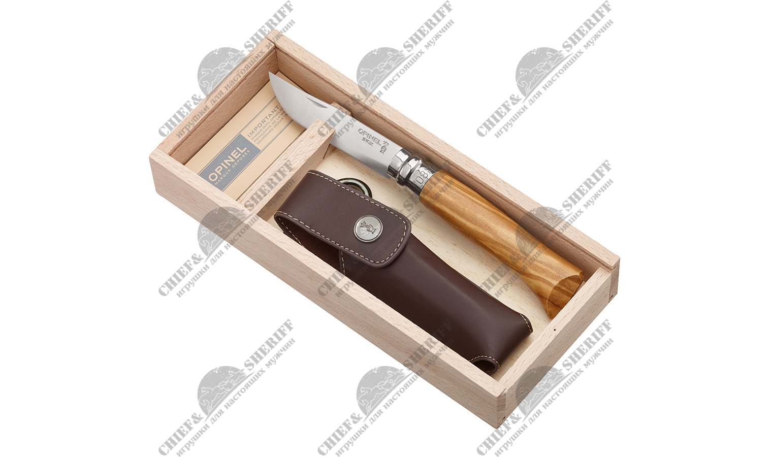 Складной нож Opinel 8 VRI Olive с чехлом в подарочной коробке, олива, 001004