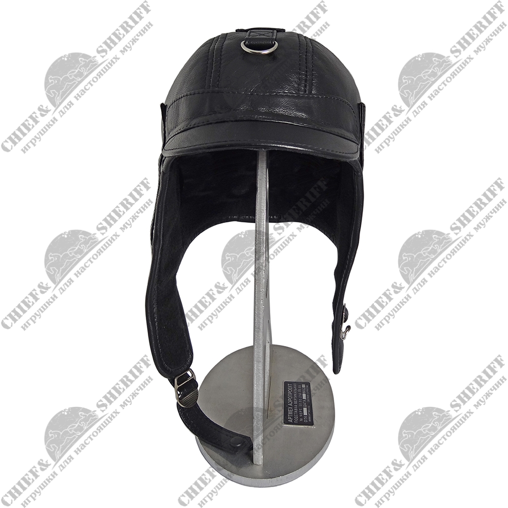 Кожаный шлем на флисе АртМех, козырек круглый, уши кнопка, цвет черный, АМ 2053.1КНОПКА