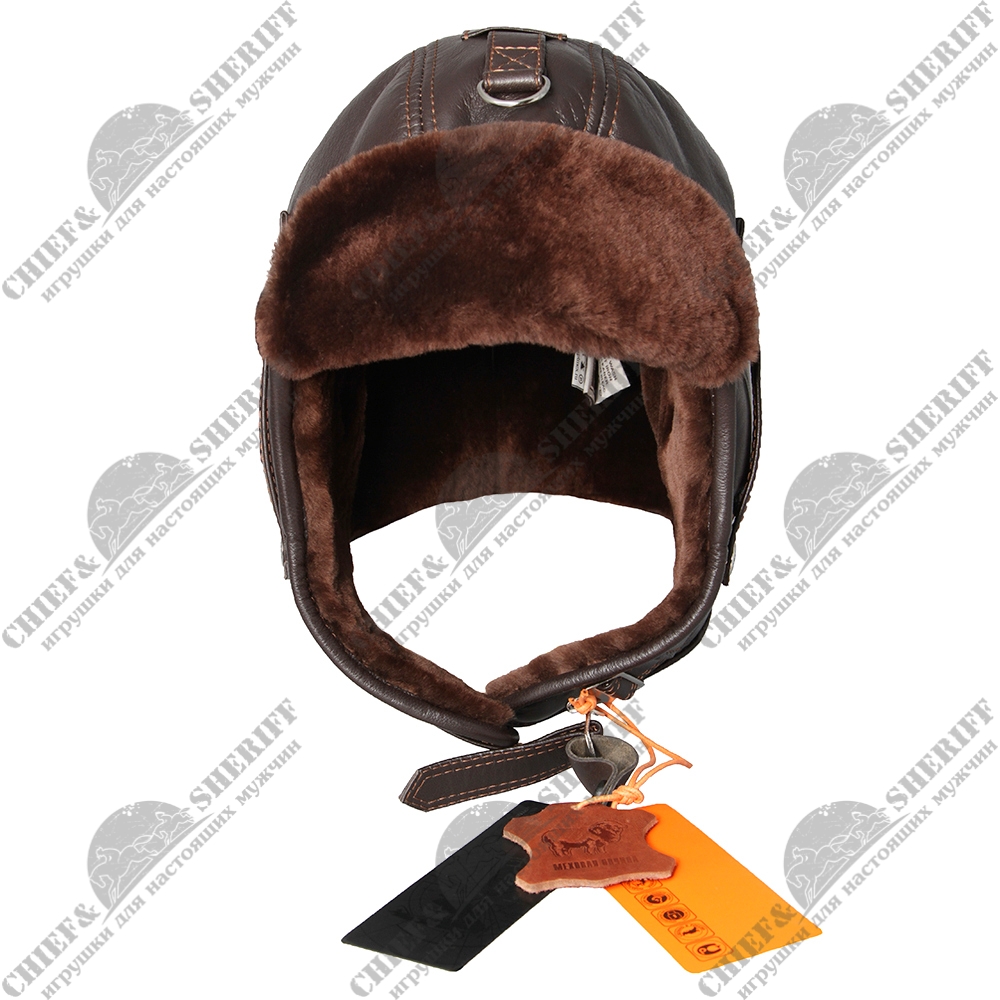 Кожаный шлем АртМех, подкладка и козырек овчина, цвет коричневый, 5058.4