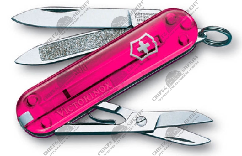 Швейцарский нож брелок Victorinox Classic, 58 мм (полупрозрачный розовый) 7 функций, 0.6203.T5