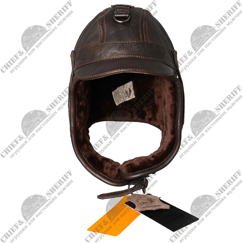Кожаный шлем АртМех на овчине, козырек жесткий, цвет коричневый, АМ 5053.4