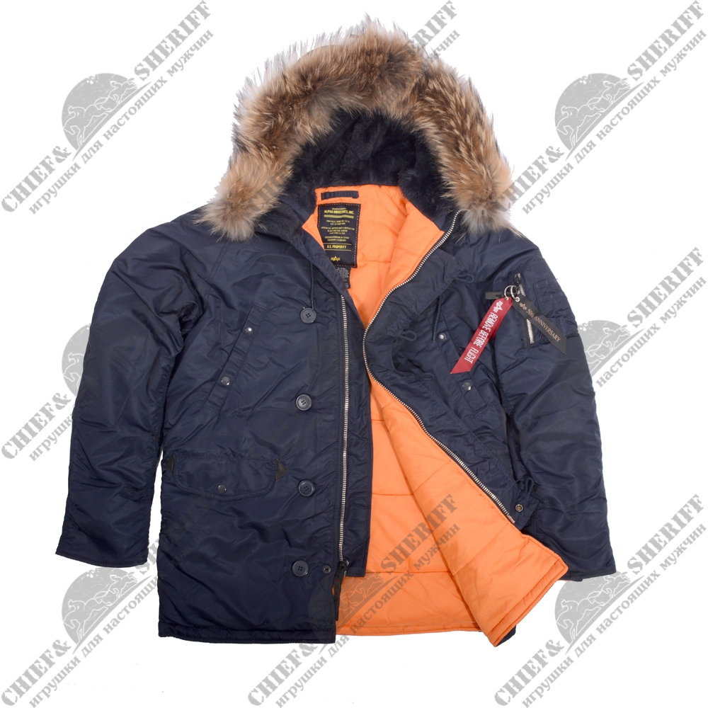 Куртка аляска Alpha Industries slim Fit N-3B, Parka, blue-orange, натуральный мех