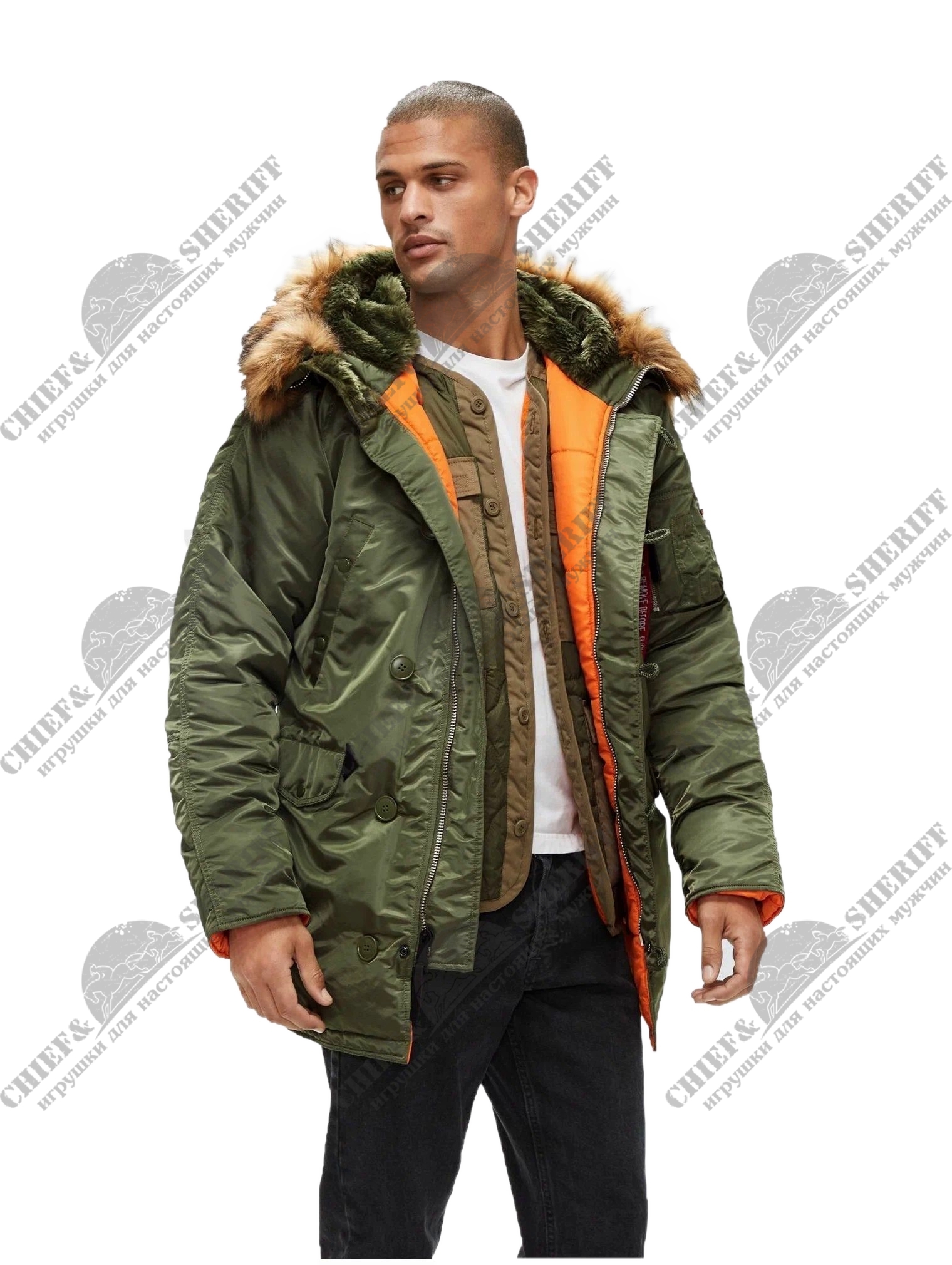Куртка аляска Alpha Industries Slim Fit N-3B Parka, green-orange, GEN1,  купить в интернет-магазине с доставкой по Москве и России