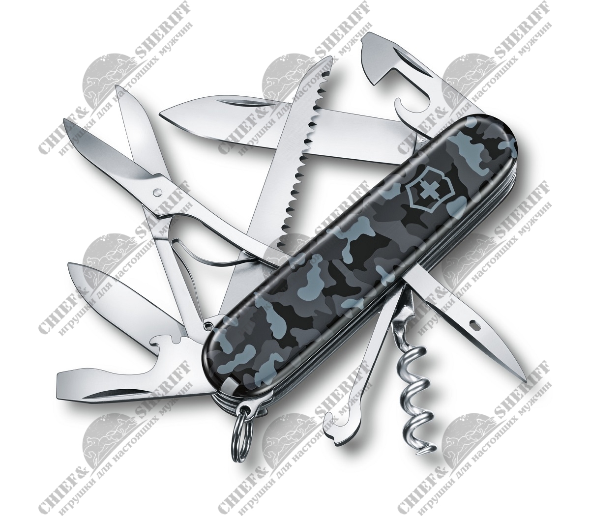 Нож перочинный Victorinox Huntsman, 91мм, 15 функций, морской камуфляж, 1.3713.942